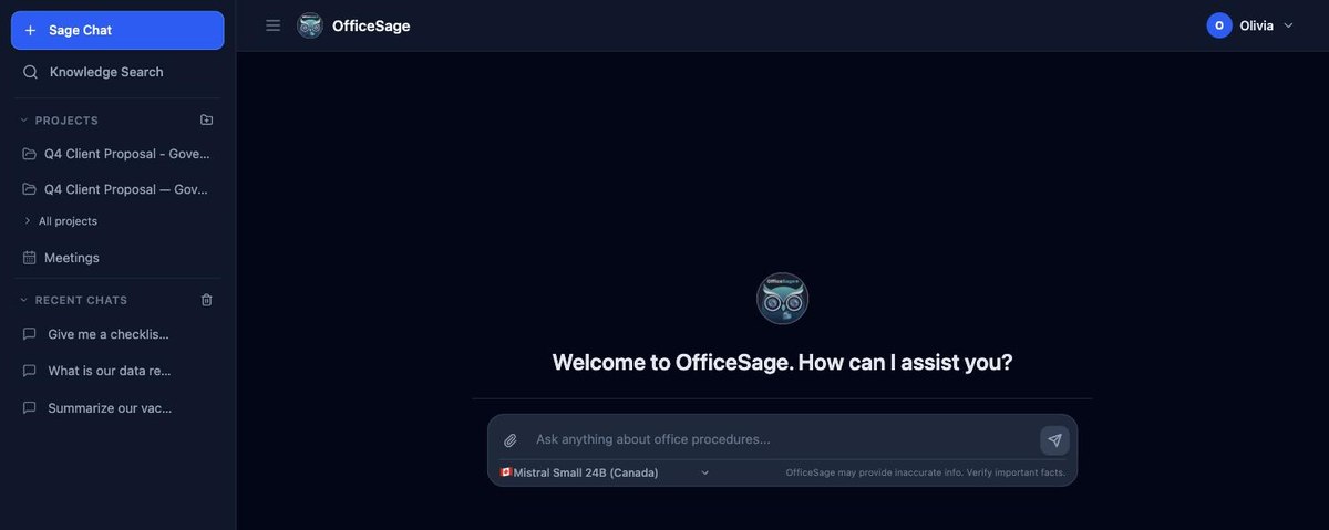 The OfficeSage web app, ready for a question, with a choice of AI models