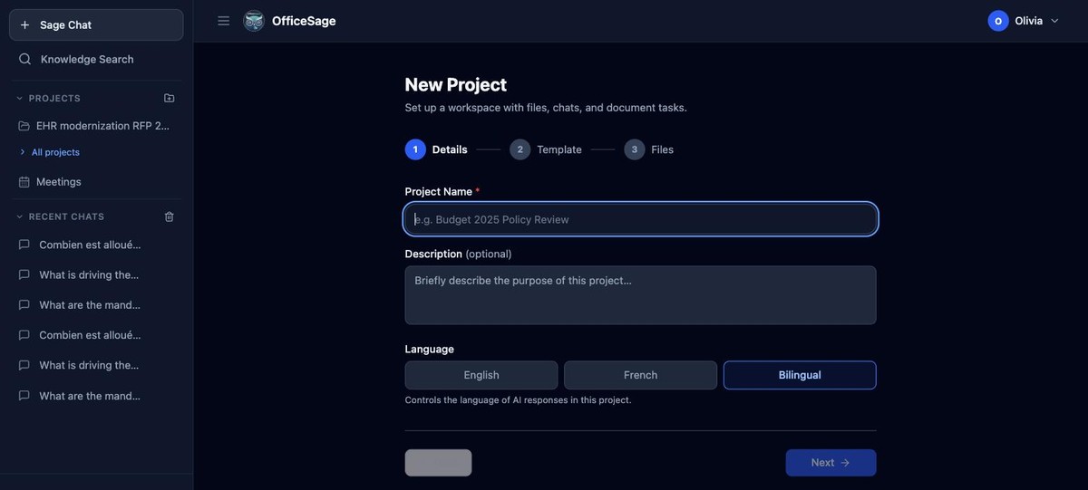 New Project setup screen with a Language toggle set to Bilingual, English and French