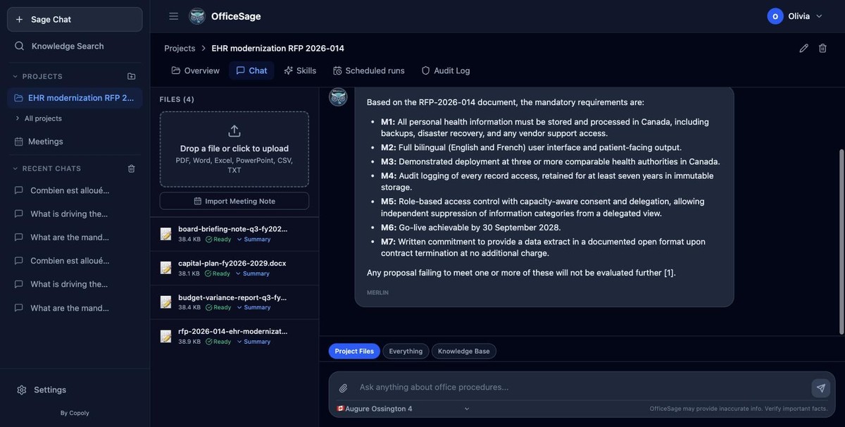Project chat with a scope toggle between Project Files, Everything and Knowledge Base