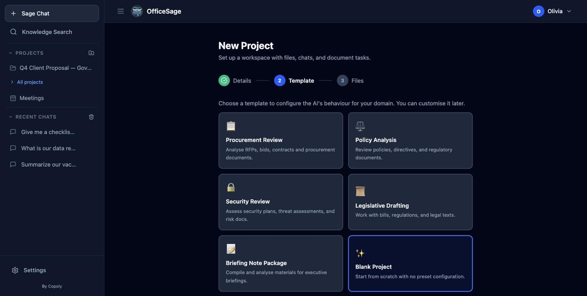 New Project template picker in OfficeSage, showing Procurement Review, Policy Analysis, Security Review, Legislative Drafting and Briefing Note Package templates